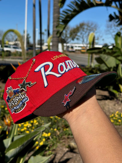NEW ERA EXCLUSIVE 59FIFTY RED/WALNUT LOS ANGELES RAMS SCRIPT W/ PROBOWL SIDE PATCH