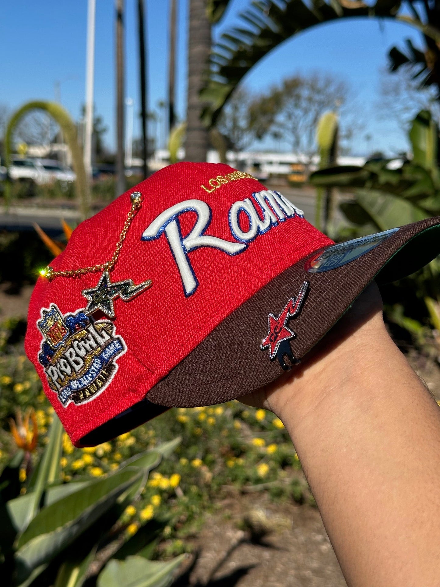 NEW ERA EXCLUSIVE 59FIFTY RED/WALNUT LOS ANGELES RAMS SCRIPT W/ PROBOWL SIDE PATCH