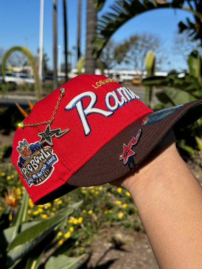 NEW ERA EXCLUSIVE 59FIFTY RED/WALNUT LOS ANGELES RAMS SCRIPT W/ PROBOWL SIDE PATCH