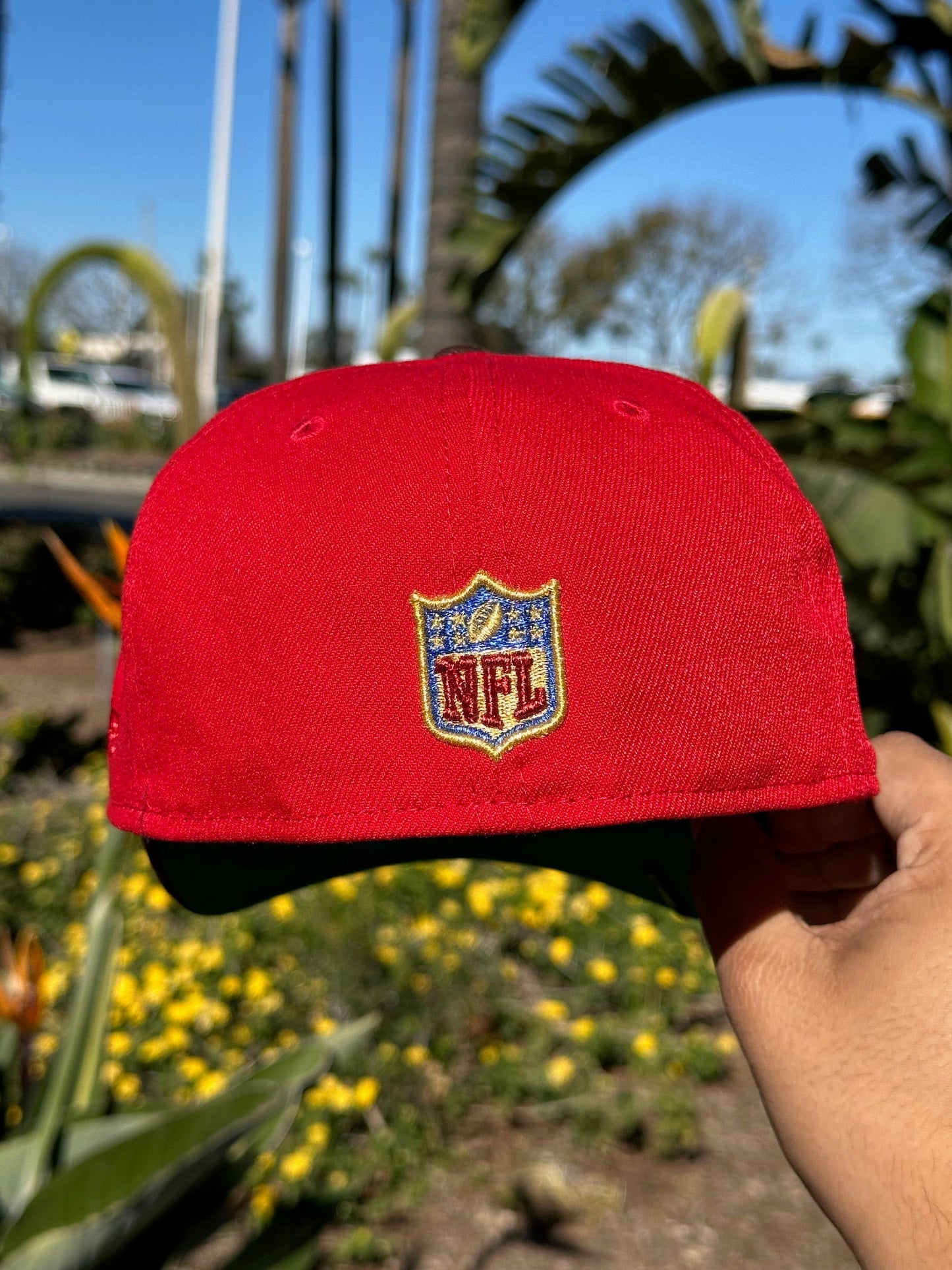 NEW ERA EXCLUSIVE 59FIFTY RED/WALNUT LOS ANGELES RAMS SCRIPT W/ PROBOWL SIDE PATCH