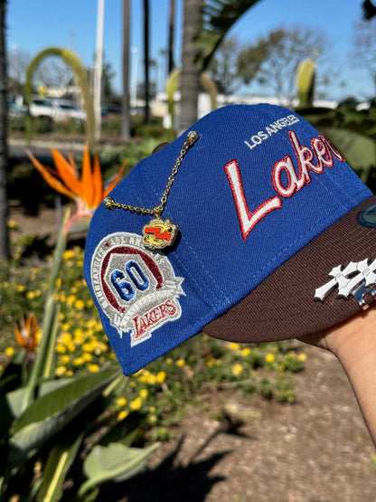 NEW ERA EXCLUSIVE 59FIFTY BLUE/WALNUT LOS ANGELES LAKERS SCRIPT W/ 60TH ANNIVERSARY SIDE PATCH