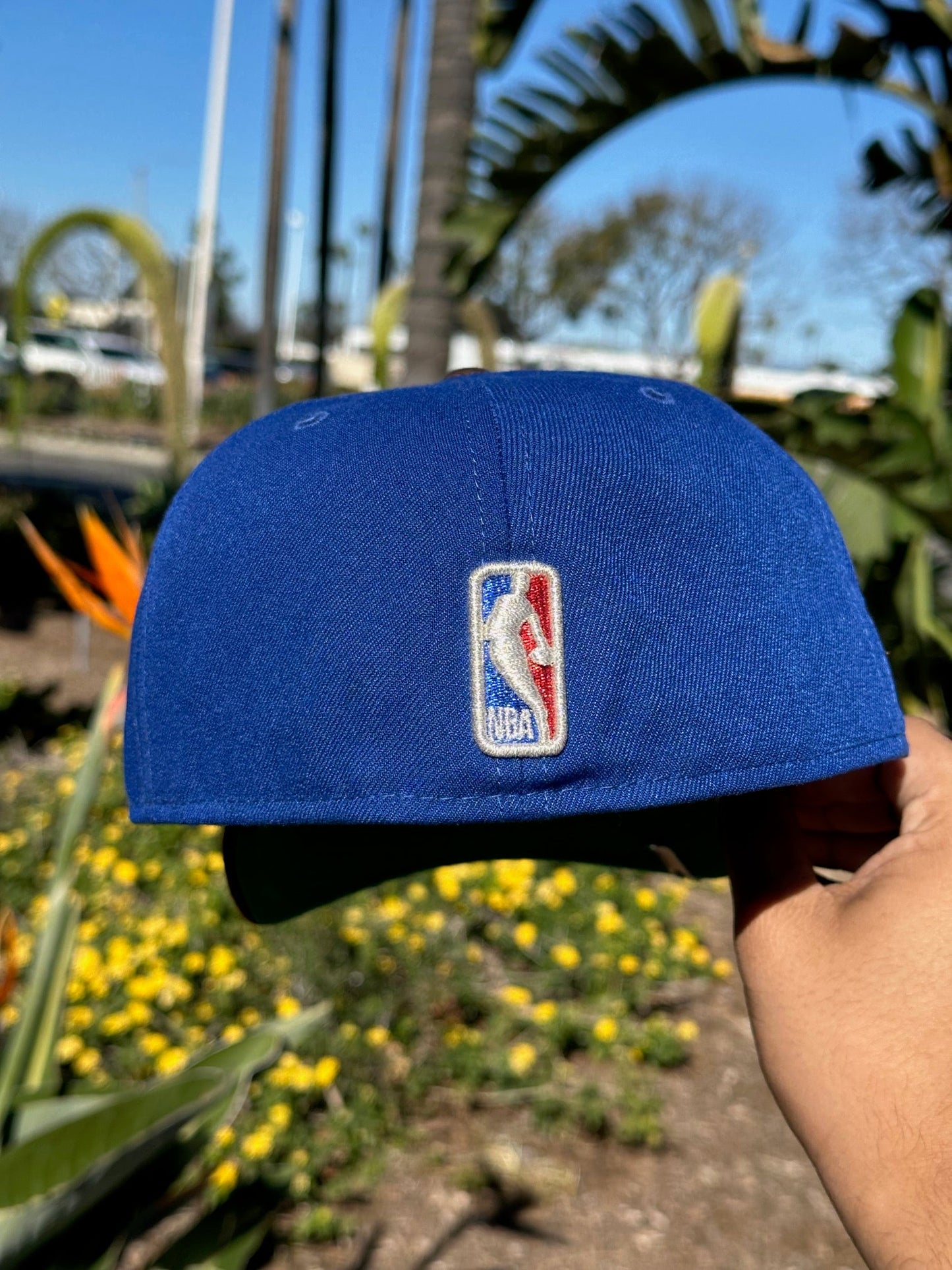 NEW ERA EXCLUSIVE 59FIFTY BLUE/WALNUT LOS ANGELES LAKERS SCRIPT W/ 60TH ANNIVERSARY SIDE PATCH