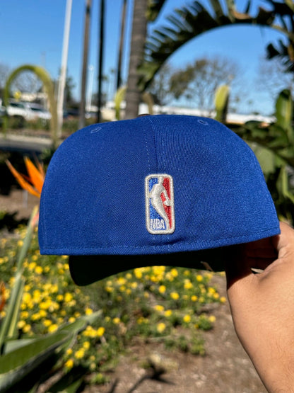 NEW ERA EXCLUSIVE 59FIFTY BLUE/WALNUT LOS ANGELES LAKERS SCRIPT W/ 60TH ANNIVERSARY SIDE PATCH