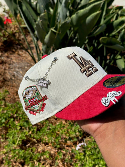 NEW ERA EXCLUSIVE 59FIFTY CHROME WHITE/RED LOS ANGELES DODGERS W/ 50TH ANNIVERSARY SIDE PATCH