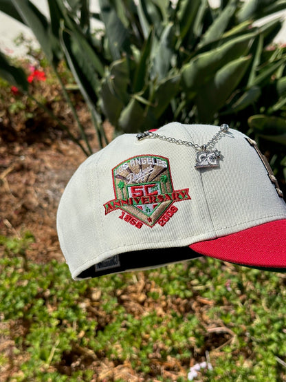 NEW ERA EXCLUSIVE 59FIFTY CHROME WHITE/RED LOS ANGELES DODGERS W/ 50TH ANNIVERSARY SIDE PATCH