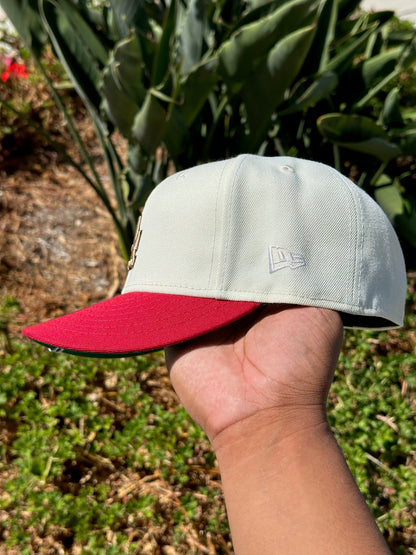 NEW ERA EXCLUSIVE 59FIFTY CHROME WHITE/RED LOS ANGELES DODGERS W/ 50TH ANNIVERSARY SIDE PATCH