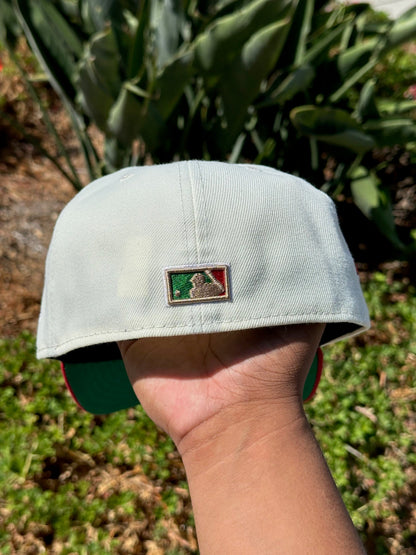 NEW ERA EXCLUSIVE 59FIFTY CHROME WHITE/RED LOS ANGELES DODGERS W/ 50TH ANNIVERSARY SIDE PATCH