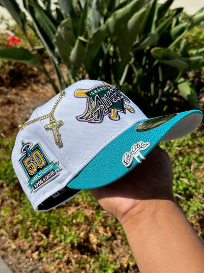 NEW ERA 59FIFY WHITE/TURQUOISE ANAHEIM ANGELS W/ 50TH ANNIVERSARY SIDE PATCH