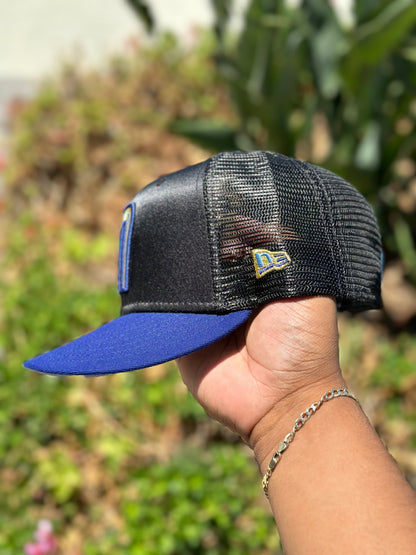 NEW ERA EXCLUSIVE 59FIFTY BLACK SATIN/BLUE MEXICO MESH BACK W/ MEXICO FLAG SIDE PATCH
