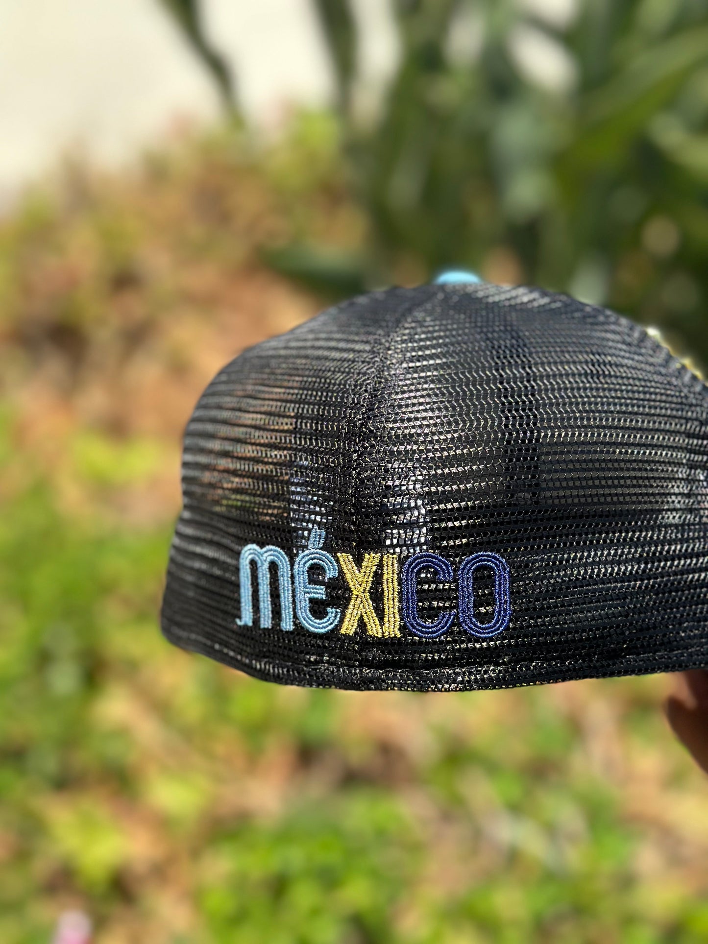 NEW ERA EXCLUSIVE 59FIFTY BLACK SATIN/BLUE MEXICO MESH BACK W/ MEXICO FLAG SIDE PATCH