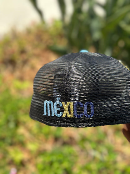 NEW ERA EXCLUSIVE 59FIFTY BLACK SATIN/BLUE MEXICO MESH BACK W/ MEXICO FLAG SIDE PATCH