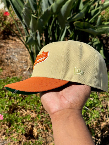 NEW ERA EXCLUSIVE 59FIFTY VEGAS GOLD/ORANGE SAN FRANCISCO GIANTS SCRIPT W/ "TELL IT GOODBYE" SIDE PATCH