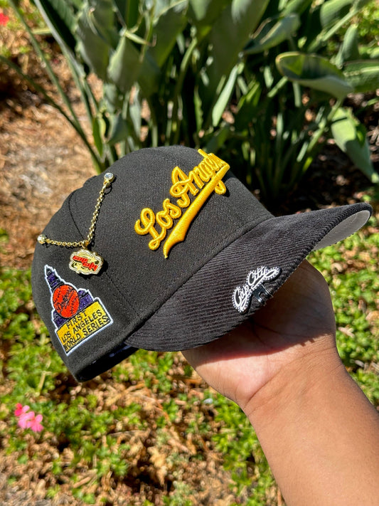 NEW ERA EXCLUSIVE 59FIFTY BLACK/CORDUROY LOS ANGELES DODGERS SCRIPT W/ 1ST WORLD SERIES SIDE PATCH