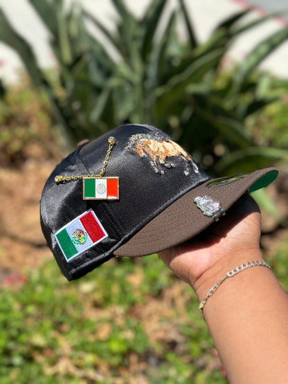 NEW ERA EXCLUSIVE 59FIFTY SATIN/BROWN MEXICO "EL CABALLO" W/ MEXICO FLAG SIDE PATCH