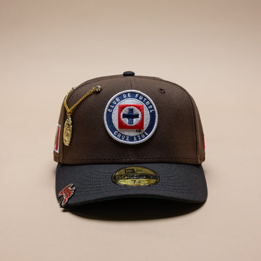 NEW ERA EXCLUSIVE 59FIFTY MOCHA/BLACK "CLUB CRUZ AZUL" W/ MEXICO FLAG SIDE PATCH