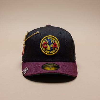 NEW ERA EXCLUSIVE 59FIFTY BLACK/BURGUNDY "CLUB AMERICA" W/ MEXICO FLAG SIDE PATCH