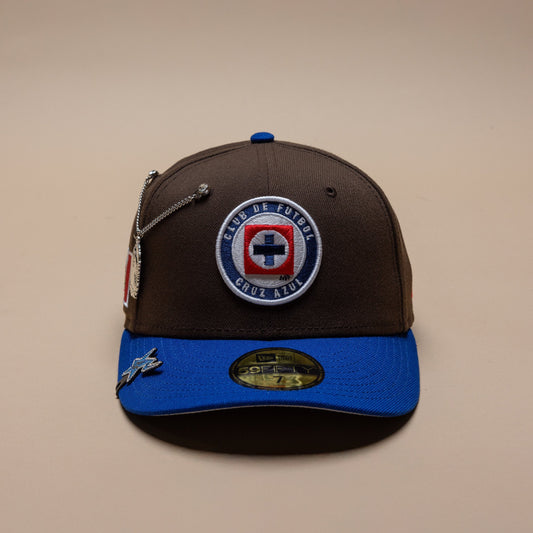 NEW ERA EXCLUSIVE 59FIFTY MOCHA/BLUE "CLUB CRUZ AZUL" W/ MEXICO FLAG SIDE PATCH