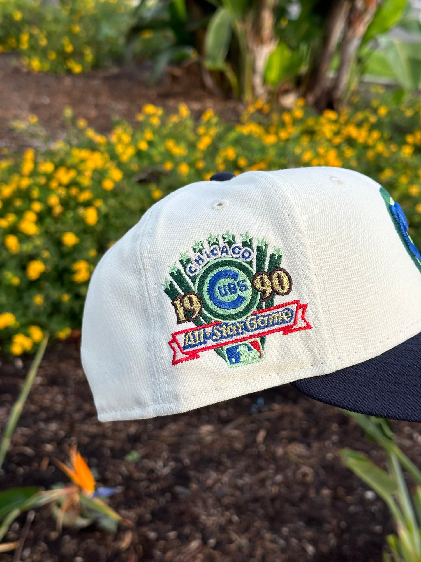 NEW ERA EXCLUSIVE 59FIFTY CHROME WHITE/NAVY CHICAGO CUBS W/ 1990 ALL STAR GAME PATCH