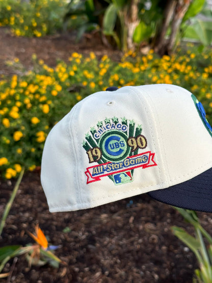 NEW ERA EXCLUSIVE 59FIFTY CHROME WHITE/NAVY CHICAGO CUBS W/ 1990 ALL STAR GAME PATCH