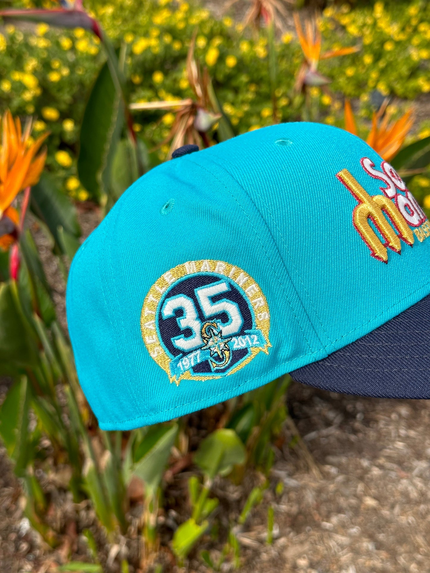 NEW ERA EXCLUSIVE 59FIFTY TEAL/NAVY BLUE SEATTLE MARINERS SCRIPT W/ 35TH ANNIVERSARY PATCH