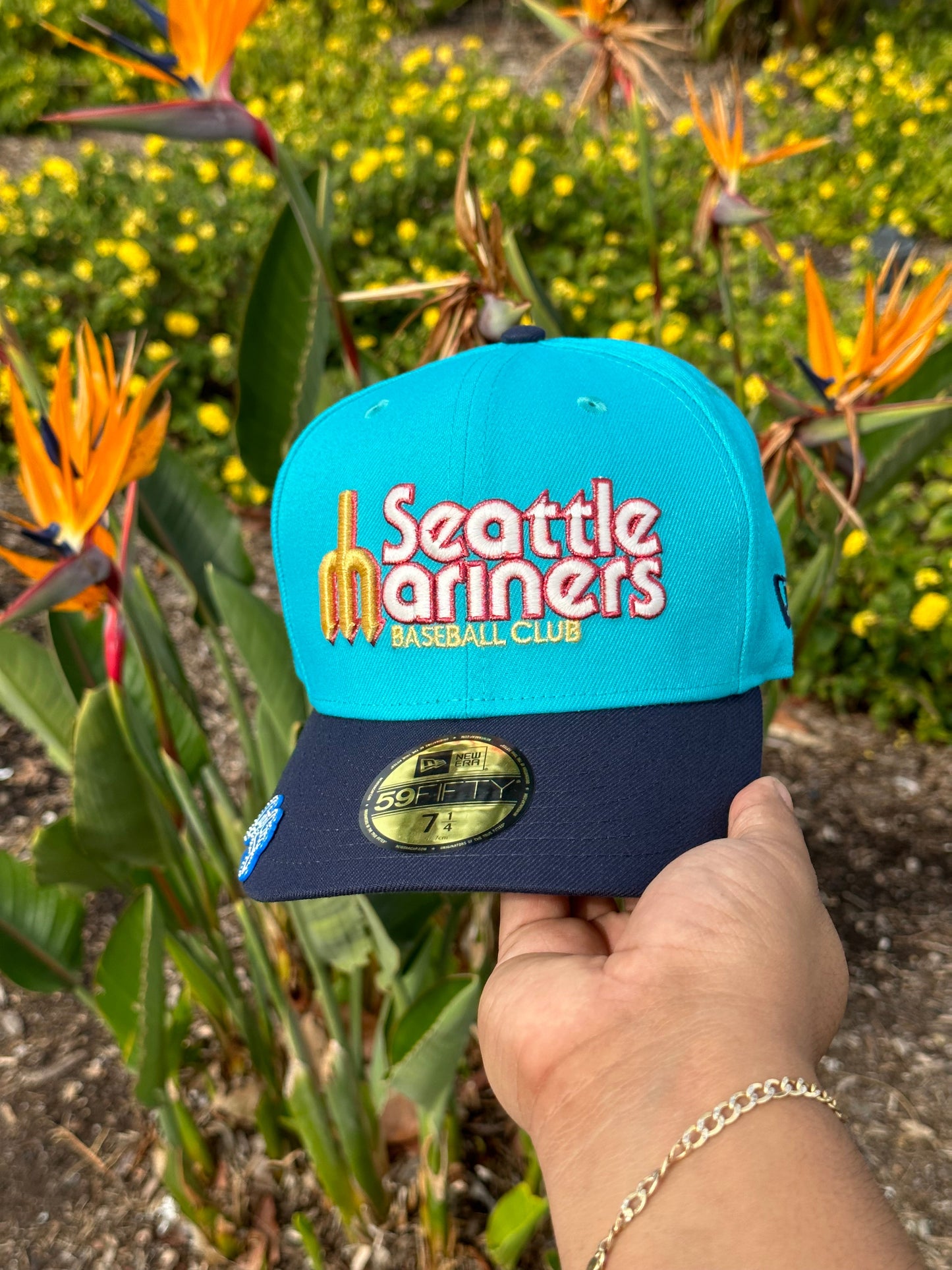 NEW ERA EXCLUSIVE 59FIFTY TEAL/NAVY BLUE SEATTLE MARINERS SCRIPT W/ 35TH ANNIVERSARY PATCH