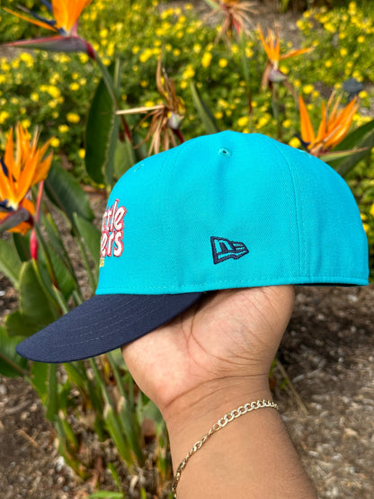 NEW ERA EXCLUSIVE 59FIFTY TEAL/NAVY BLUE SEATTLE MARINERS SCRIPT W/ 35TH ANNIVERSARY PATCH