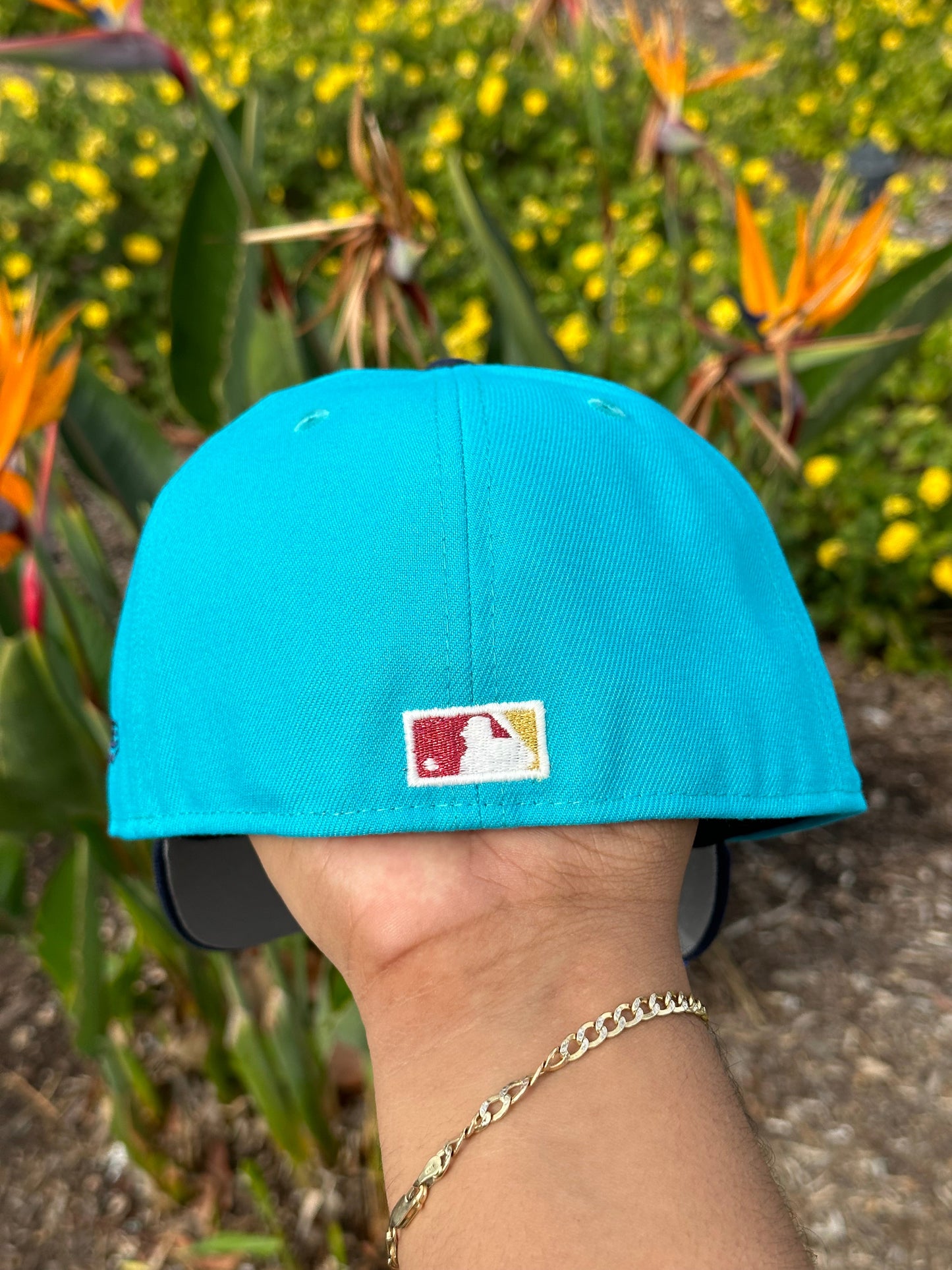 NEW ERA EXCLUSIVE 59FIFTY TEAL/NAVY BLUE SEATTLE MARINERS SCRIPT W/ 35TH ANNIVERSARY PATCH