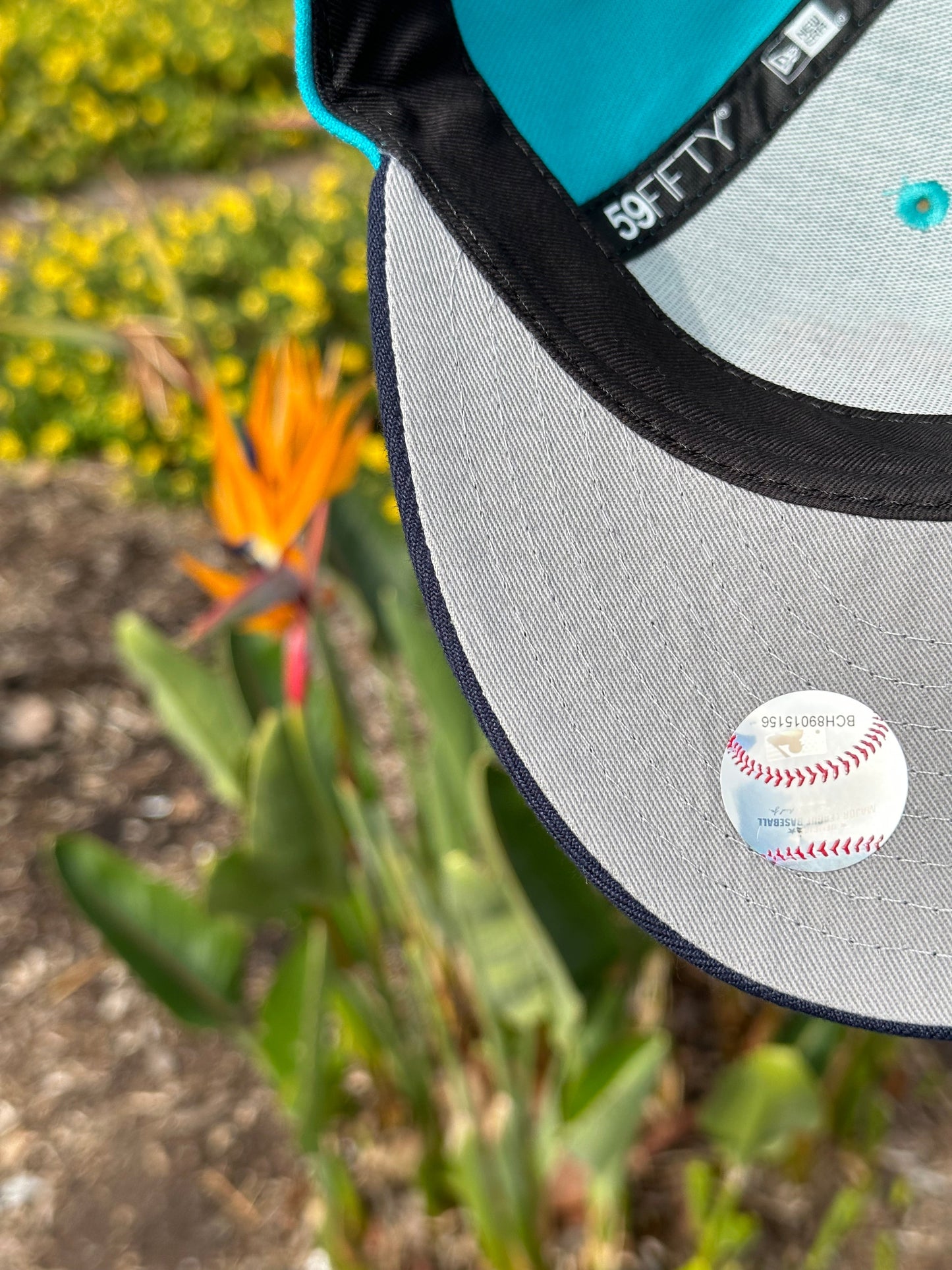NEW ERA EXCLUSIVE 59FIFTY TEAL/NAVY BLUE SEATTLE MARINERS SCRIPT W/ 35TH ANNIVERSARY PATCH