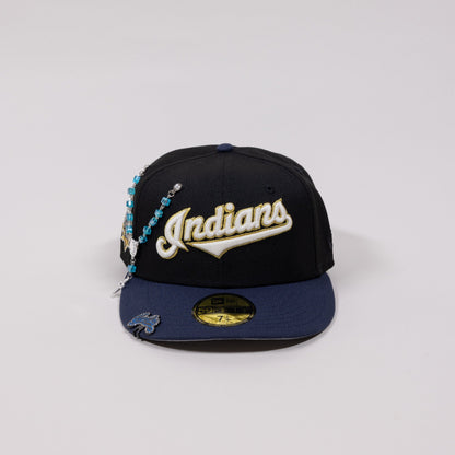 NEW ERA EXCLUSIVE 59FIFTY BLACK/ NAVY CLEVELAND INDIANS SCRIPT W/ "JACOBS FIELD" SIDE PATCH