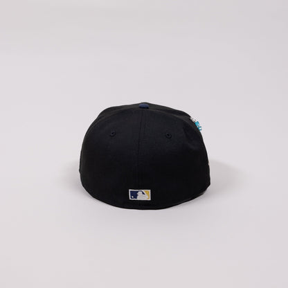 NEW ERA EXCLUSIVE 59FIFTY BLACK/ NAVY CLEVELAND INDIANS SCRIPT W/ "JACOBS FIELD" SIDE PATCH