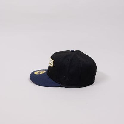 NEW ERA EXCLUSIVE 59FIFTY BLACK/ NAVY CLEVELAND INDIANS SCRIPT W/ "JACOBS FIELD" SIDE PATCH