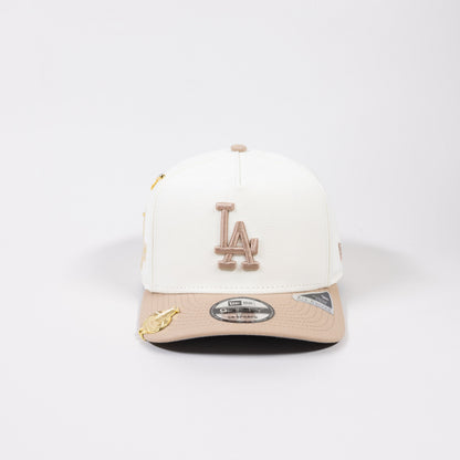 NEW ERA EXCLUSIVE 9FIFTY A-FRAME CHROME/ LIGHT KHAKI LOS ANGELES DODGERS SNAPBACK W/ 2024 WORLD SERIES CHAMPIONS SIDE PATCH