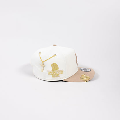 NEW ERA EXCLUSIVE 9FIFTY A-FRAME CHROME/ LIGHT KHAKI LOS ANGELES DODGERS SNAPBACK W/ 2024 WORLD SERIES CHAMPIONS SIDE PATCH