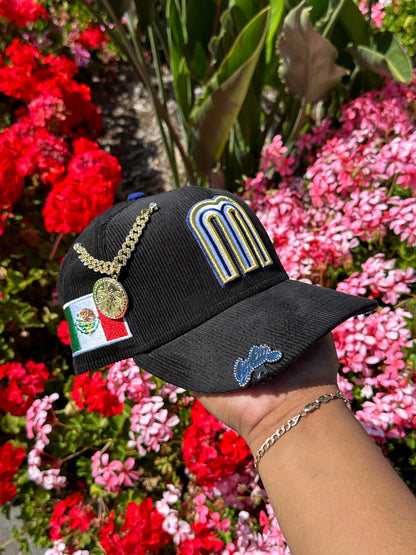 NEW ERA EXCLUSIVE 59FIFTY BLACK CORDUROY MEXICO W/ MEXICO FLAG SIDE PATCH