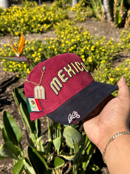 NEW ERA EXCLUSIVE 59FIFTY BURGUNDY/NAVY CORDUROY MEXICO SCRIPT W/ MEXICO FLAG SIDE PATCH