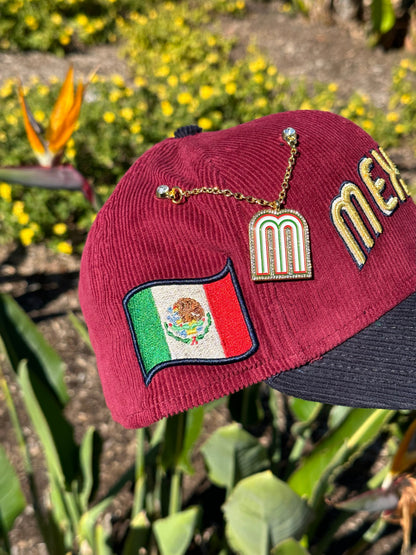 NEW ERA EXCLUSIVE 59FIFTY BURGUNDY/NAVY CORDUROY MEXICO SCRIPT W/ MEXICO FLAG SIDE PATCH