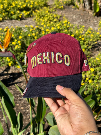 NEW ERA EXCLUSIVE 59FIFTY BURGUNDY/NAVY CORDUROY MEXICO SCRIPT W/ MEXICO FLAG SIDE PATCH