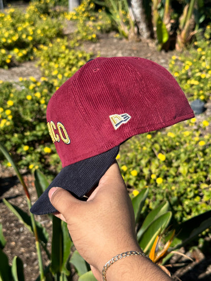 NEW ERA EXCLUSIVE 59FIFTY BURGUNDY/NAVY CORDUROY MEXICO SCRIPT W/ MEXICO FLAG SIDE PATCH