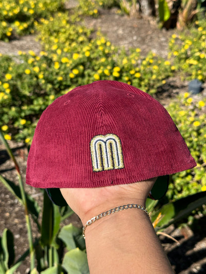 NEW ERA EXCLUSIVE 59FIFTY BURGUNDY/NAVY CORDUROY MEXICO SCRIPT W/ MEXICO FLAG SIDE PATCH