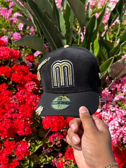 NEW ERA EXCLUSIVE 59FIFTY BLACK CORDUROY MEXICO W/ MEXICO FLAG SIDE PATCH