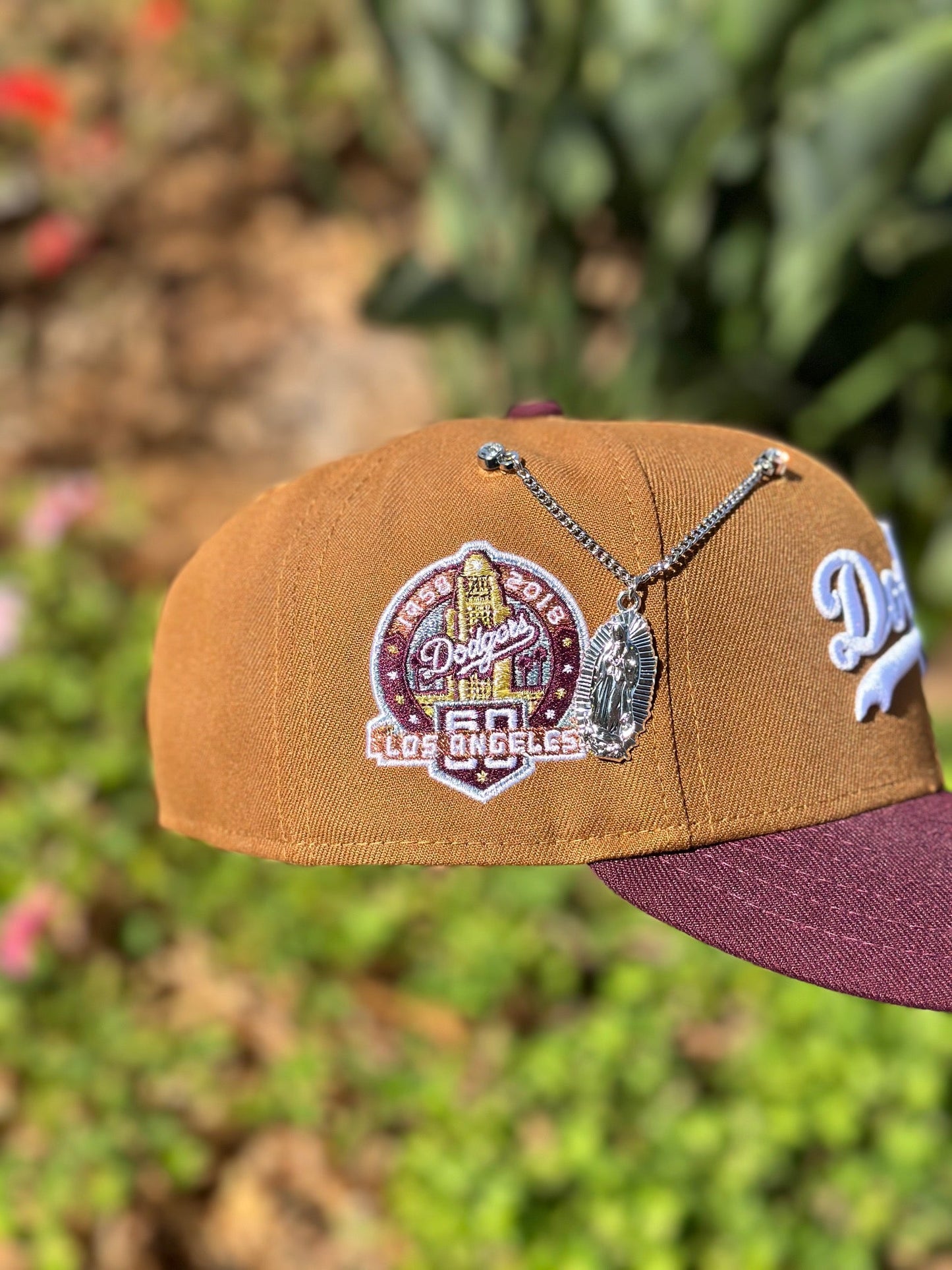 NEW ERA EXCLUSIVE 59FIFTY DARK KHAKI/MAROON RED LOS ANGELES DODGERS W/ 60TH ANNIVERSARY SIDE PATCH