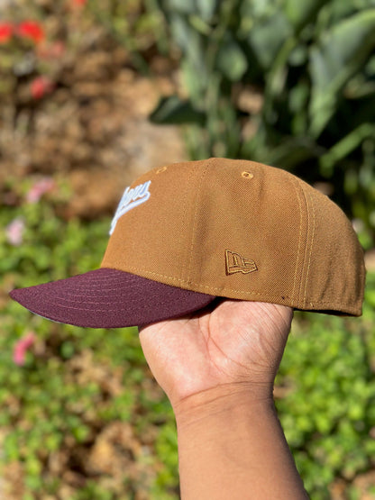 NEW ERA EXCLUSIVE 59FIFTY DARK KHAKI/MAROON RED LOS ANGELES DODGERS W/ 60TH ANNIVERSARY SIDE PATCH