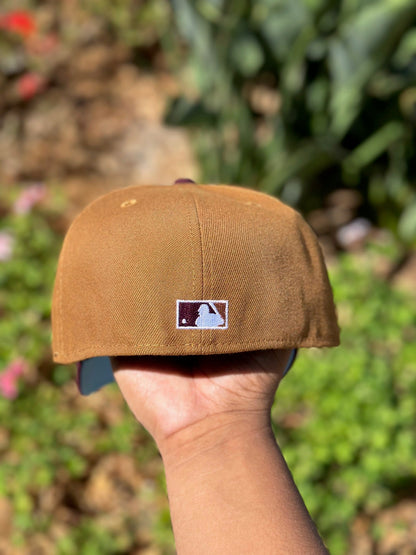 NEW ERA EXCLUSIVE 59FIFTY DARK KHAKI/MAROON RED LOS ANGELES DODGERS W/ 60TH ANNIVERSARY SIDE PATCH