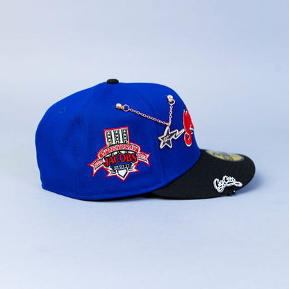 NEW ERA EXCLUSIVE 59FIFTY BLUE/ BLACK CLEVELAND INDIANS SCRIPT W/ "JACOBS FIELD" SIDE PATCH