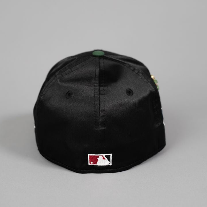 NEW ERA EXCLUSIVE 59FIFTY BLACK SATIN/ GREEN UPSIDE DOWN LOS ANGELES DODGERS W/ 40TH ANNIVERSARY PATCH