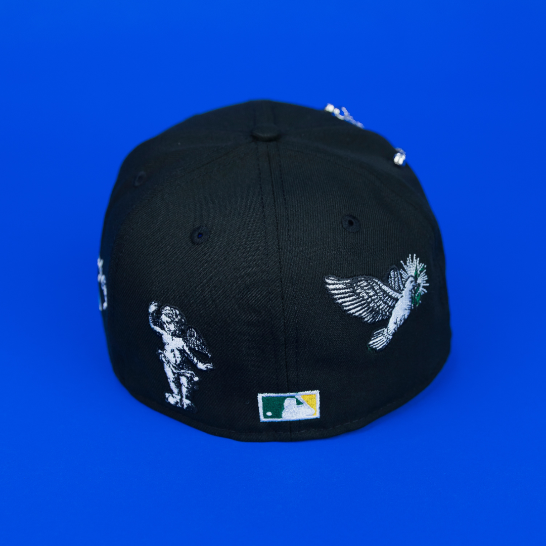NEW ERA EXCLUSIVE 59FIFTY BLACK OAKLAND ATHLETICS "HEAVENLY CITY" W/ BATTLE OF THE BAY SIDE PATCH *FREE BLIP INCLUDED