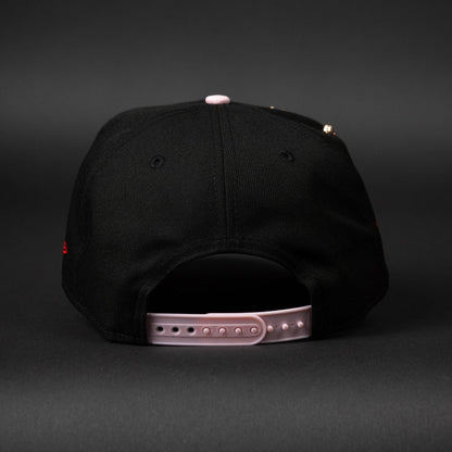 NEW ERA EXCLUSIVE 9FIFTY BLACK/ PINK LOS ANGELES DODGERS SNAPBACK W/ JAPANESE SCRIPT + WORLD SERIES CHAMPIONS SIDE PATCH