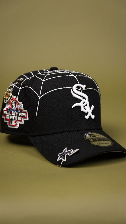 NEW ERA EXCLUSIVE 9FIFTY A-FRAME BLACK CHICAGO WHITE SOX SNAPBACK W/ SPIDER WEB + 2003 ALL STAR GAME SIDE PATCH