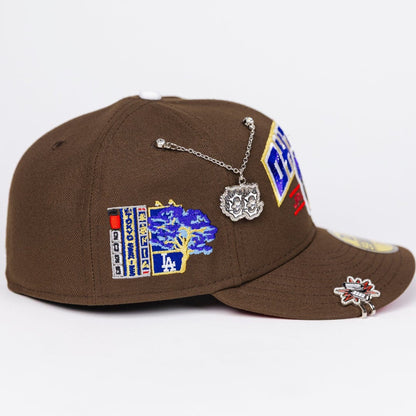 NEW ERA EXCLUSIVE 59FIFTY BROWN LOS ANGELES DODGERS W/ SHOHEI OHTANI SCRIPT + JAPANESE BLUE BLOSSOM SIDE PATCH