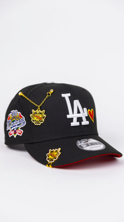 NEW ERA EXCLUSIVE 9FIFTY BLACK LOS ANGELES DODGERS SNAPBACK W/ RED HEART + 100TH ANNIVERSARY SIDE PATCH